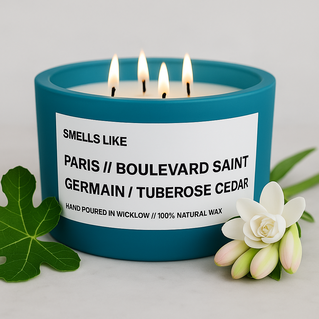 Smells Like Diptyque Saint Germain Inspired Large Scented Candle - Teal Ceramic Candle – bergamot, black pepper and musk - 100% natural Rapeseed candle wax, Coconut candle wax & Beeswax Candle wax -Made in Wicklow Ireland