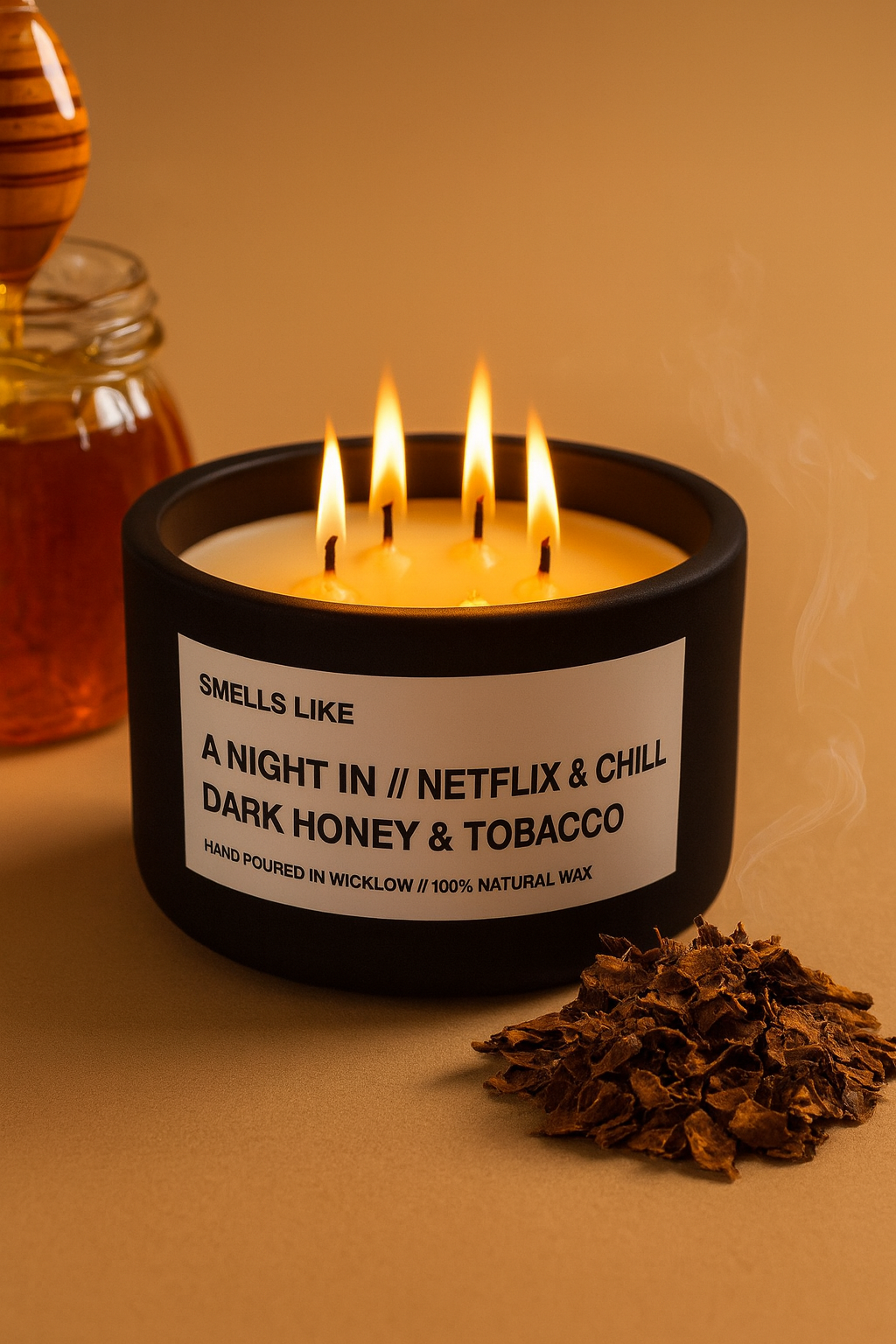 Smells Like Dark honey & tobacco Large Scented Candle - Matt Black Ceramic Candle - hand-poured candle - 100% natural Rapeseed candle wax, Coconut candle wax & Beeswax Candle wax -Made in Wicklow Ireland