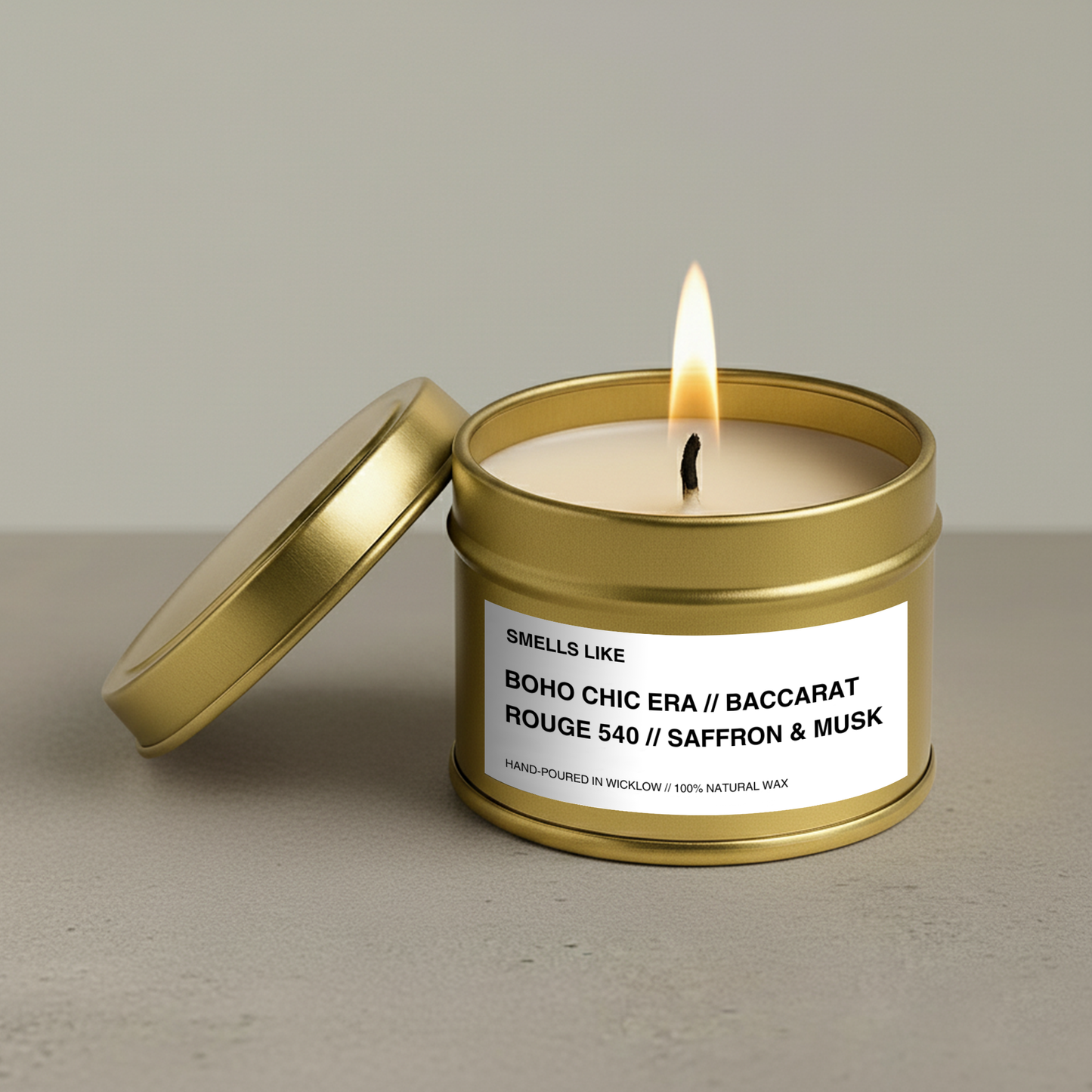 Smells Like Baccarat Rouge 540 Dupe Scented Candle - Gold Tin Candle - hand-poured candle - 100% natural Rapeseed Candle Wax, Coconut Candle Wax & Beeswax Candle Wax -Made in Wicklow Ireland