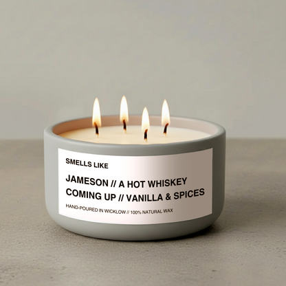 Smells Like Jameson Irish Whiskey Large Scented Candle - Light Grey Ceramic Candle – vanilla , sherry and spices - 100% natural Rapeseed candle wax, Coconut candle wax & Beeswax Candle wax -Made in Wicklow Ireland