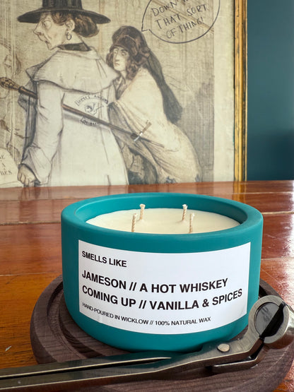 Smells Like Jameson Irish Whiskey Large Scented Candle - Teal Ceramic Candle – vanilla , sherry and spices - 100% natural Rapeseed candle wax, Coconut candle wax & Beeswax Candle wax -Made in Wicklow Ireland