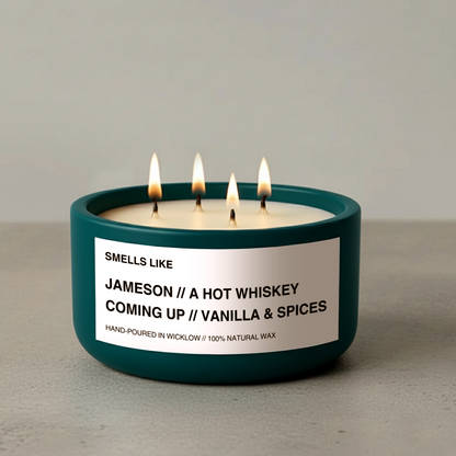 Smells Like Jameson Irish Whiskey Large Scented Candle - Teal Ceramic Candle – vanilla , sherry and spices - 100% natural Rapeseed candle wax, Coconut candle wax & Beeswax Candle wax -Made in Wicklow Ireland