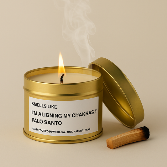 Smells Like Palo Santo Scented Candle - Gold Tin Candle - hand-poured candle - 100% natural Rapeseed Candle Wax, Coconut Candle Wax & Beeswax Candle Wax -Made in Wicklow Ireland