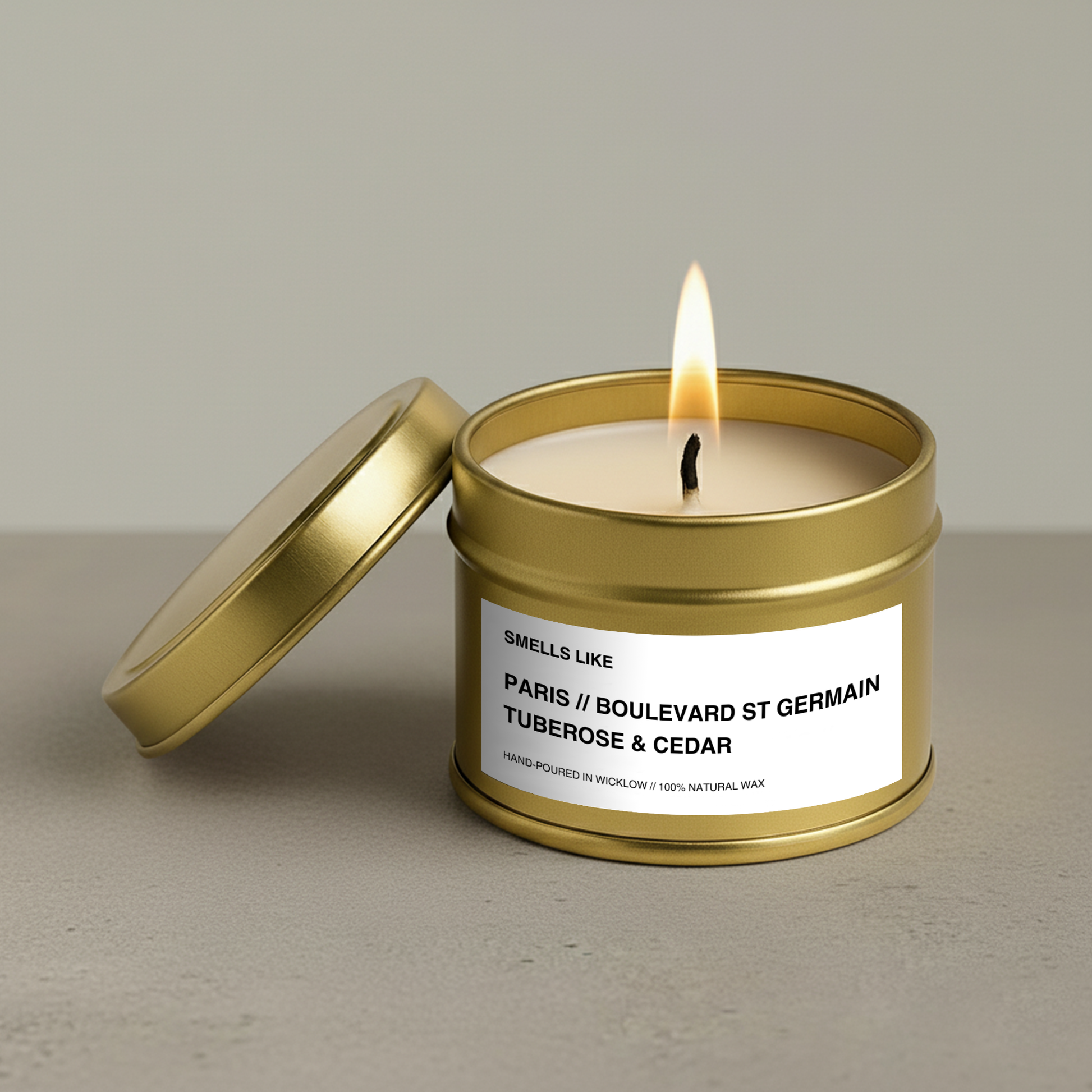 Smells Like Diptyque Saint Germain Dupe Scented Candle – Gold Tin Candle - hand-poured candle - 100% natural Rapeseed Candle Wax, Coconut Candle Wax & Beeswax Candle Wax -Made in Wicklow Ireland