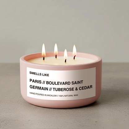 Smells Like Diptyque Saint Germain Inspired Large Scented Candle - Baby Pink Ceramic Candle – bergamot, black pepper and musk - 100% natural Rapeseed candle wax, Coconut candle wax & Beeswax Candle wax -Made in Wicklow Ireland