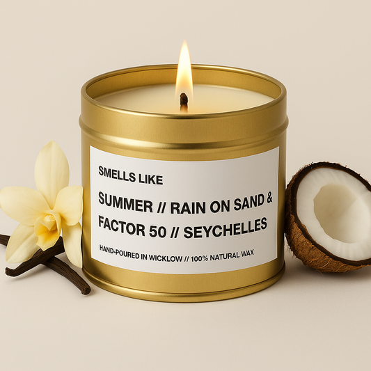 Smells Like The White Company Seychelles Dupe Small Scented Candle - Gold Tin Candle - vanilla and coconut scented- 100% natural Rapeseed candle wax, Coconut candle wax & Beeswax Candle wax -Made in Wicklow Ireland