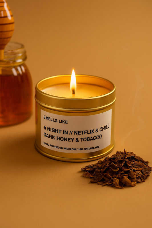 Smells Like Dark honey & tobacco Scented Candle - Gold Tin Candle - hand-poured candle - 100% natural Rapeseed Candle Wax, Coconut Candle Wax & Beeswax Candle Wax -Made in Wicklow Ireland