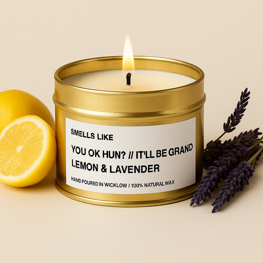 Smells Like It'll Be Grand Scented Candle - Gold Tin Candle – lemon and lavender - 100% natural Rapeseed candle wax, Coconut candle wax & Beeswax Candle wax -Made in Wicklow Ireland