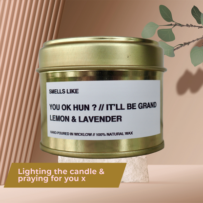 Smells Like It'll Be Grand Scented Candle - Gold Tin Candle – lemon and lavender - 100% natural Rapeseed candle wax, Coconut candle wax & Beeswax Candle wax -Made in Wicklow Ireland