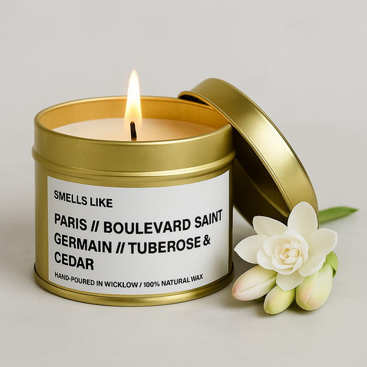 Smells Like Diptyque Saint Germain Dupe Scented Candle – Gold Tin Candle - hand-poured candle - 100% natural Rapeseed Candle Wax, Coconut Candle Wax & Beeswax Candle Wax -Made in Wicklow Ireland