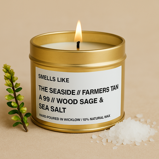 Smells Like Jo Malone Wood Sage and Sea Salt Inspired Large Scented Candle - Gold Tin Candle – bergamot, sage and amber - 100% natural Rapeseed candle wax, Coconut candle wax & Beeswax Candle wax -Made in Wicklow Ireland